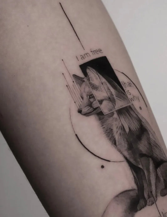 Medium Blackwork Fox and Geometric Tattoo on Women Arm by @somatattoostudio