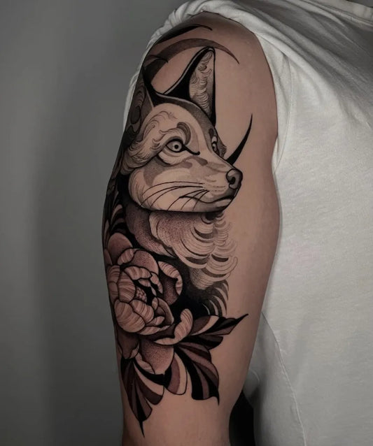 Medium Blackwork Fox and Peony Tattoo on Men Shoulder by @_hannatattoo_