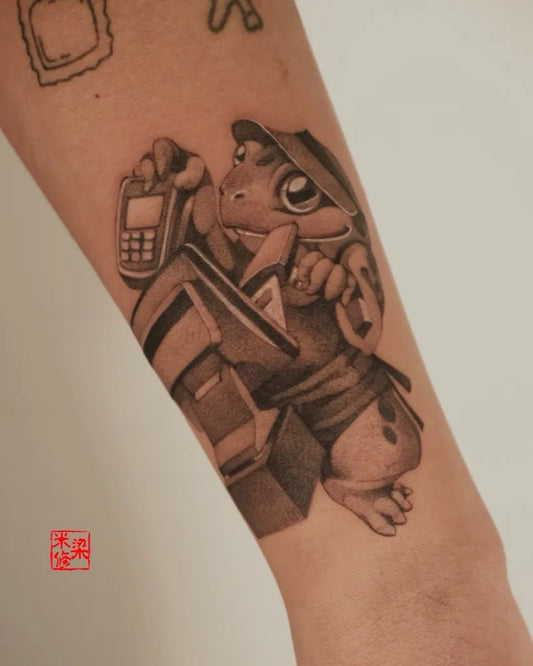 Medium Blackwork Frog with Phone Tattoo on Women Arm by @michelle.tatts