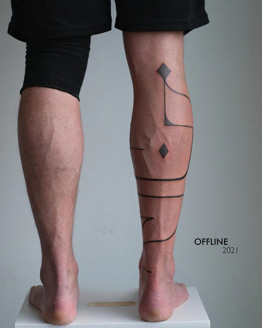Medium Blackwork Geometric Lines Tattoo on Men Calf by @noiiaberlin