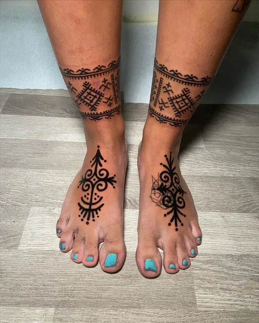 Medium Blackwork Geometric Patterns Tattoo on Women Ankle by @ionno_tattooing