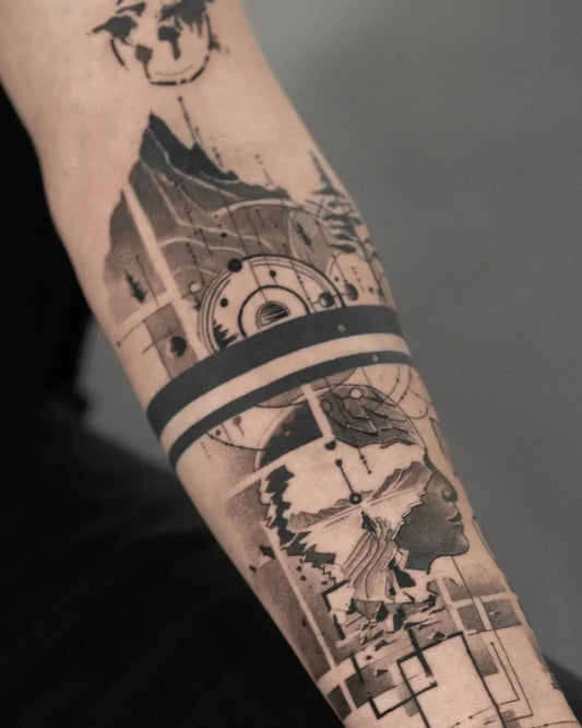Medium Blackwork Geometric Portrait Nature Tattoo on Men Arm by @fiistattoo