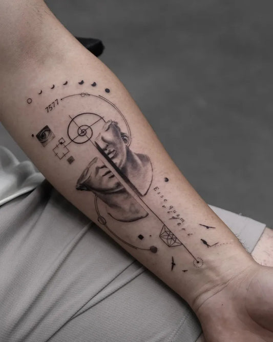 Medium Blackwork GeometricPortrait Tattoo on Men Inner Arm by @duygubecerik