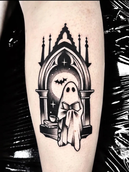 Medium Blackwork Ghost Arch Tattoo on Women Arm by @megferrytattoos