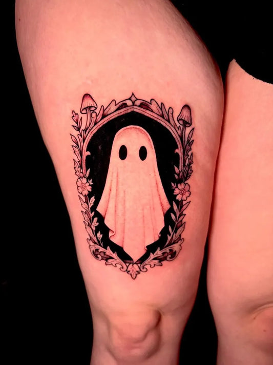 Medium Blackwork Ghost Mushrooms Tattoo on Women Thigh by @jroptattoo
