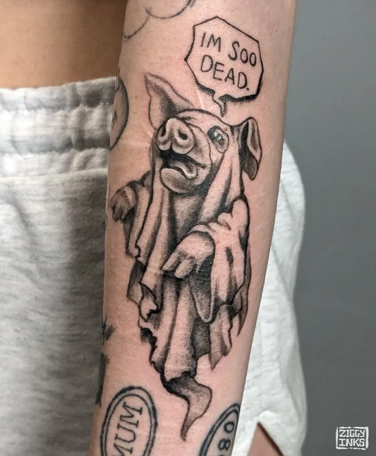 Medium Blackwork Ghost Pig Tattoo on Women Arm by @ziggy.inks