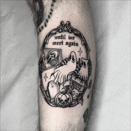 Medium Blackwork Ghost Pumpkin Tattoo on Men Leg by @draculatattoos