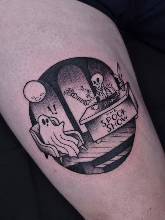 Medium Blackwork Ghost Skeleton Spook Show Tattoo on Men Arm by @hauntedhattie