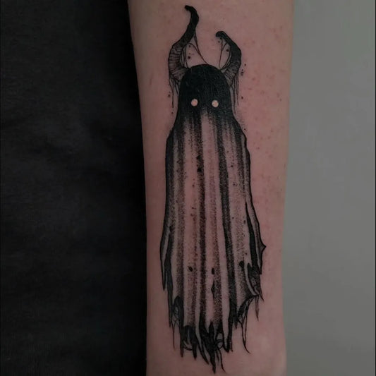 Medium Blackwork Ghost Tattoo on Women Arm by @lou.reapertattoo