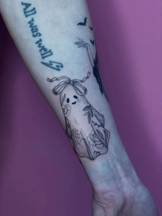 Medium Blackwork Ghost and Birds Tattoo on Women Arm by @roses.in.gloom