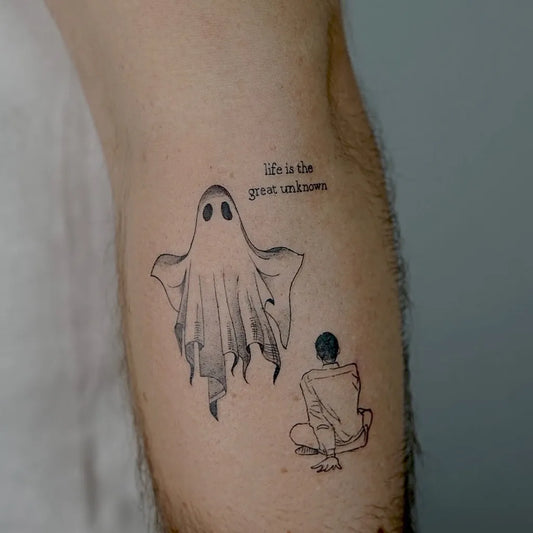 Medium Blackwork Ghost and Sitting Man Tattoo on Men Arm by @yuta.tatt