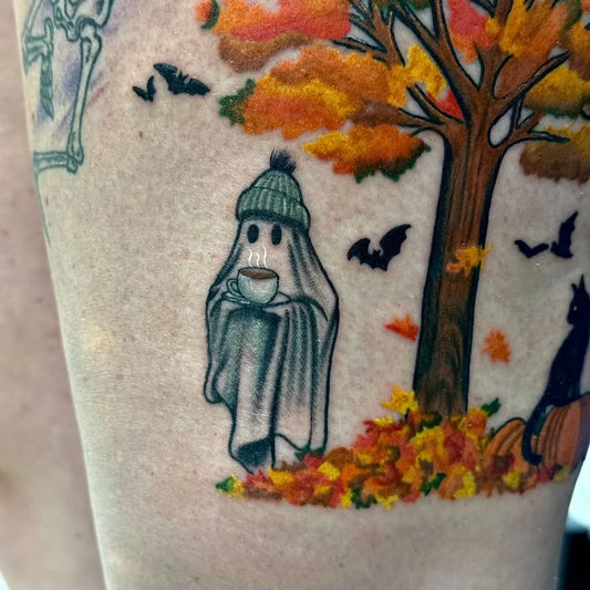 Medium Blackwork Ghost with Autumn Tree Tattoo on Women Thigh by @philwinsteadtattoos