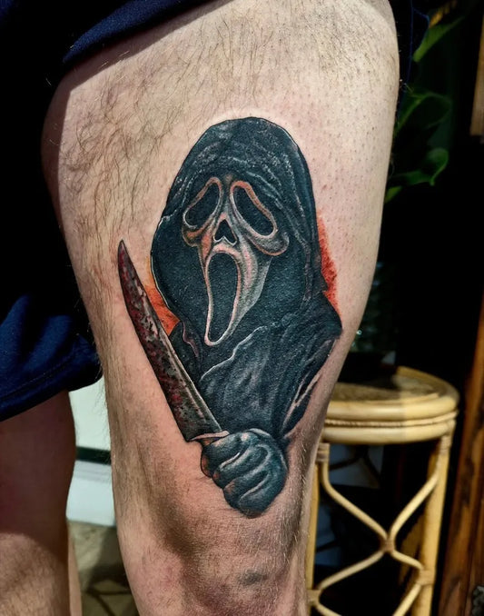 Medium Blackwork Ghostface Knife Horror Tattoo on Men Thigh by @before_the_mast