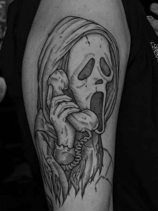 Medium Blackwork Ghostface with Phone Horror Tattoo on Men Arm by @hothoney_tattoos