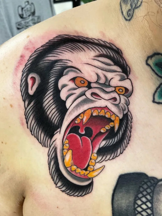 Medium Blackwork Gorilla Tattoo on Men Shoulder by @paja_tattooing