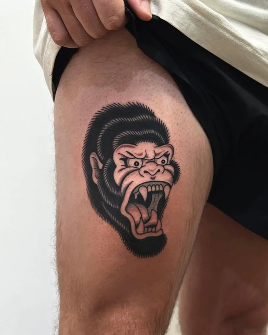 Medium Blackwork Gorilla Tattoo on Men Thigh by @micablancotattoos