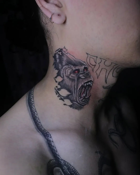 Medium Blackwork Gorilla and Snake Tattoo on Women Neck by @skingrafter