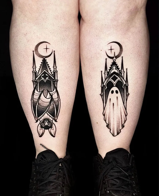 Medium Blackwork Gothic Bat and Ghost Women Legs by @megferrytattoos