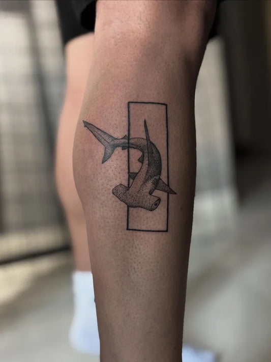 Medium Blackwork Hammerhead Shark in Frame on Men Leg Tattoo by @cctusttoo