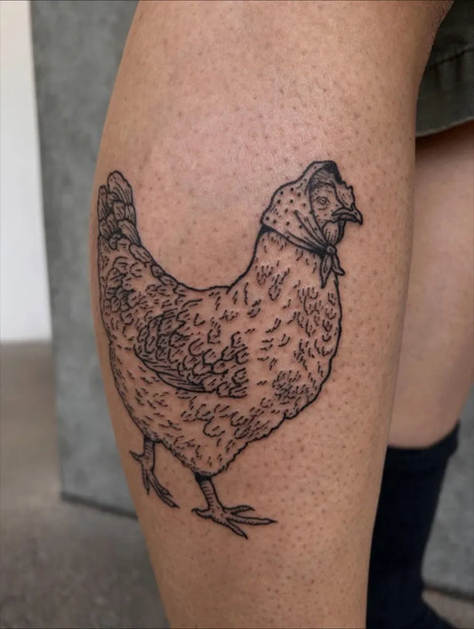 Medium Blackwork Hen Nature Tattoo on Women Leg by @arrowstoashes