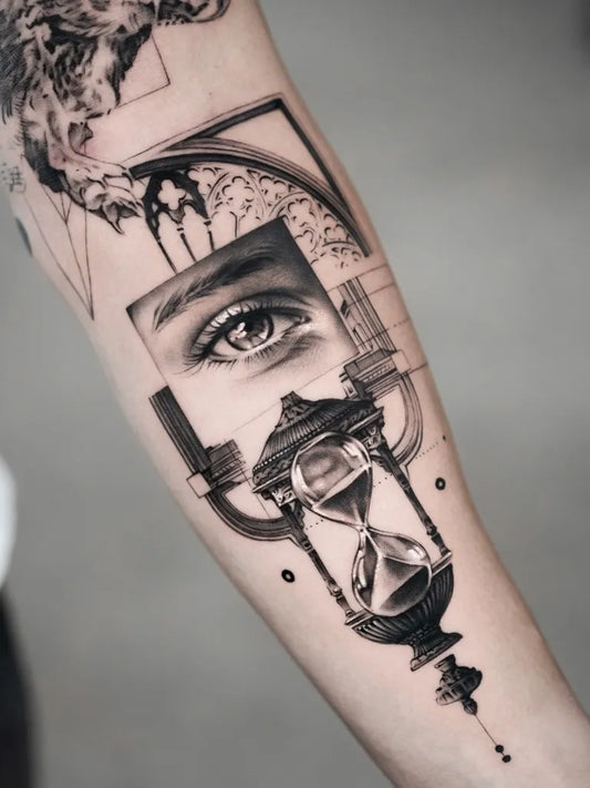 Medium Blackwork Hourglass Eye Tattoo on Men Arm by @linearnoire