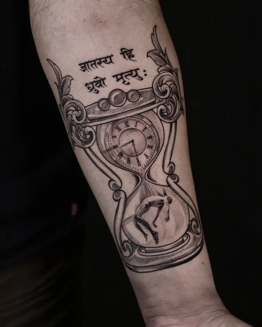 Medium Blackwork Hourglass Sanskrit Tattoo on Men Arm by @samtattooindia