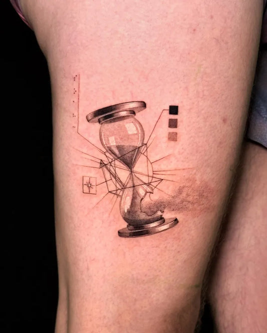 Medium Blackwork Hourglass and Geometric Tattoo on Women Thigh by @flowerhead.ink