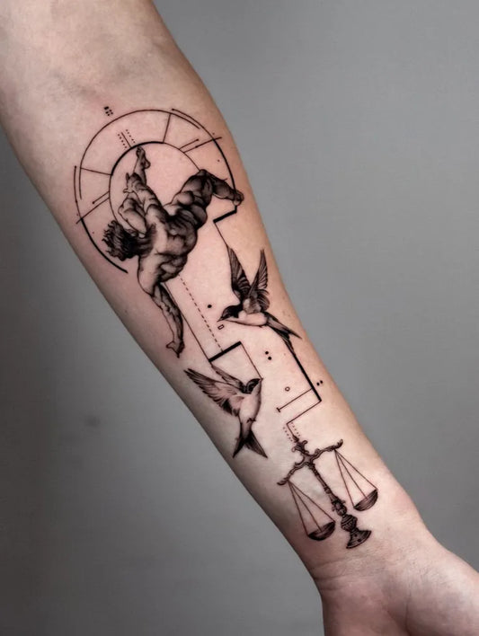 Medium Blackwork Icarus Scales Birds on Women Arm Tattoo by @rhiannon.ink