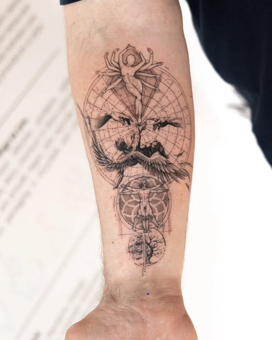 Medium Blackwork Icarus and Dreamcatcher on Men Arm Tattoo by @jodiehedley.tattoos