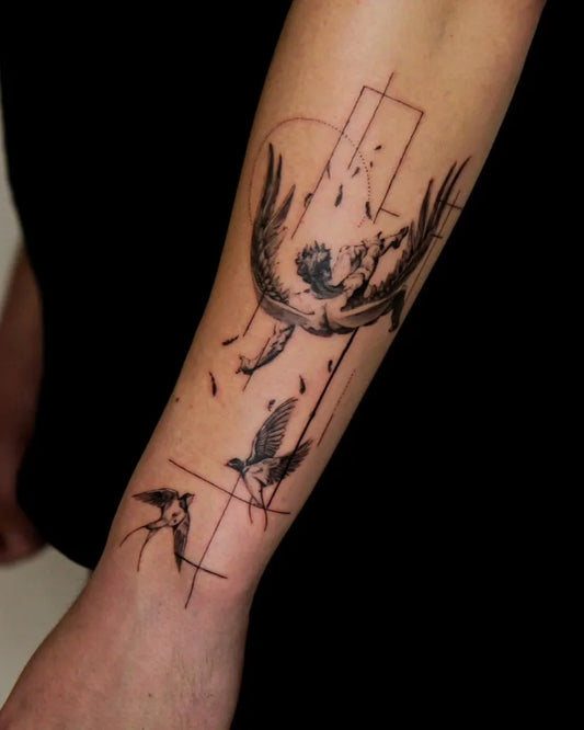 Medium Blackwork Icarus and Swallows on Women Arm Tattoo by @peter_tattooist