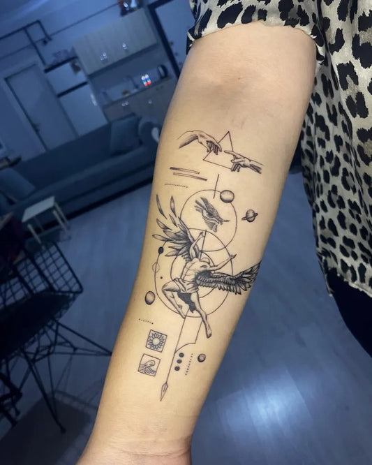 Medium Blackwork Icarus with Geometric Elements on Women Arm Tattoo by @mehmet.ink
