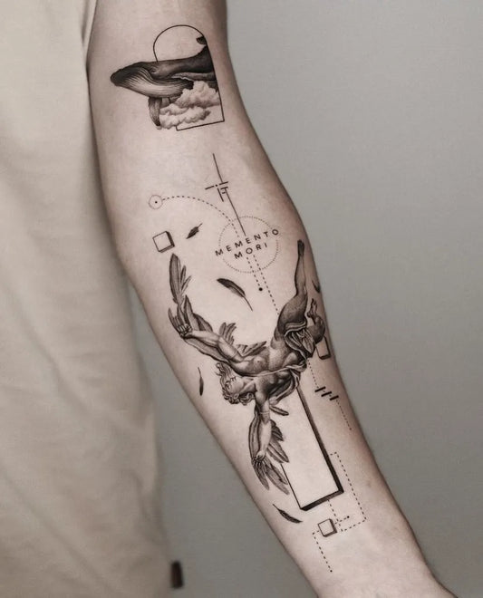 Medium Blackwork Icarus with Wings and Rose on Men Arm Tattoo by @gida_tattoo_tlv