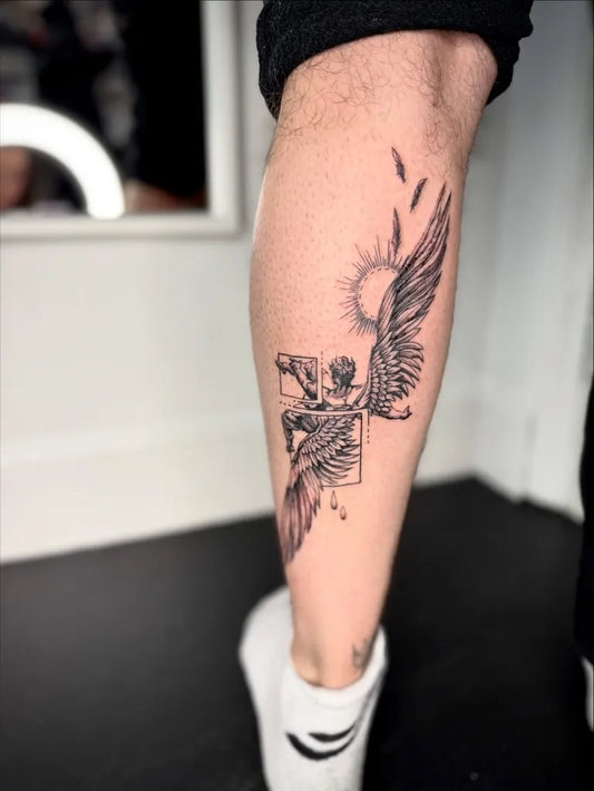 Medium Blackwork Icarus with Wings on Men Leg Tattoo by @rowtattoos