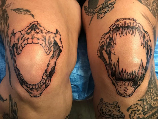 Medium Blackwork Jawbone Tattoo on Men Knee by @saltyparrotcaptain