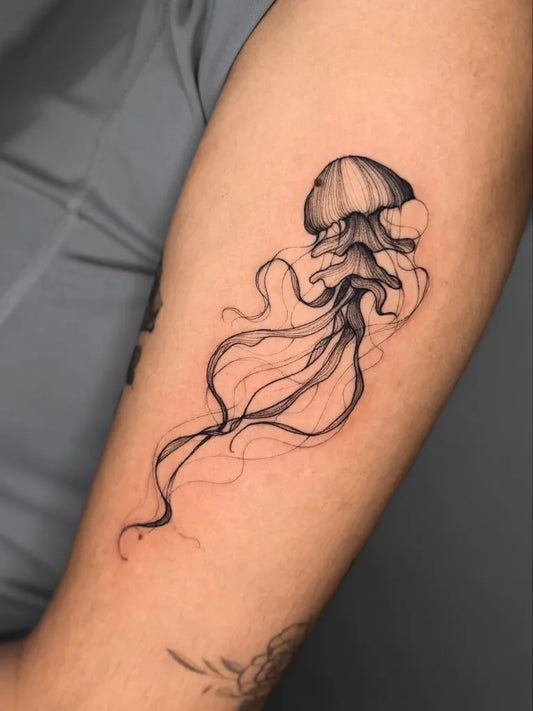 Medium Blackwork Jellyfish Tattoo on Women Arm by @338tattoo