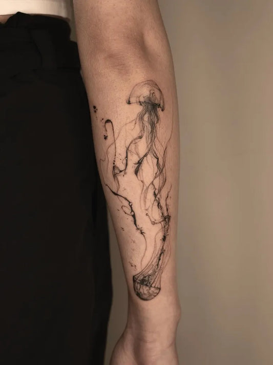 Medium Blackwork Jellyfish Tattoo on Women Arm by @e.bin_ink