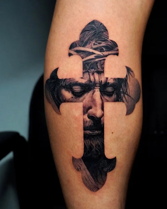 Medium Blackwork Jesus Cross on Men Arm Tattoo by @reyr1tattoo