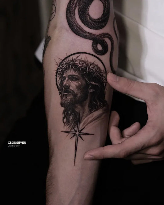 Medium Blackwork Jesus Serpent Star on Men Arm Tattoo by @xsonseven