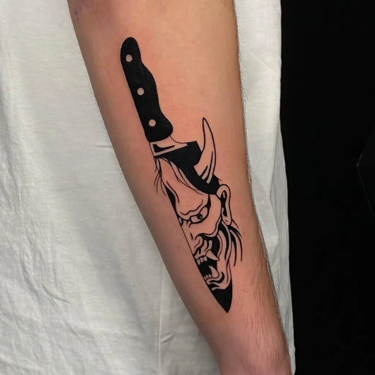 Medium Blackwork Knife Hannya Mask Tattoo on Men Arm by @larstattoos