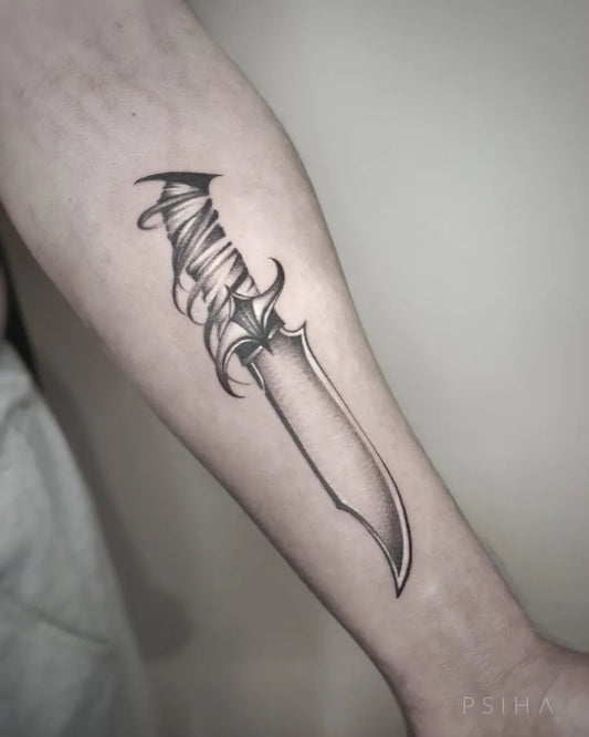 Medium Blackwork Knife Tattoo on Men Arm by @psiha_tattoo