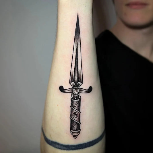 Medium Blackwork Knife Tattoo on Men Forearm by @americanbodyart