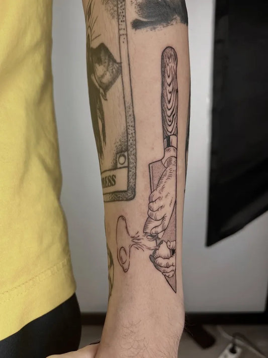 Medium Blackwork Knife and Hand Tattoo on Men Arm by @n35tattoo