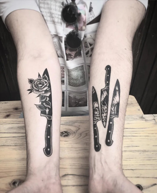 Medium Blackwork Knife and Rose Tattoo on Men Forearm by @frankrochatattoo