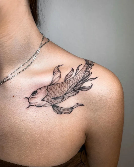 Medium Blackwork Koi Fish Tattoo on Women Collarbone by @kswayart