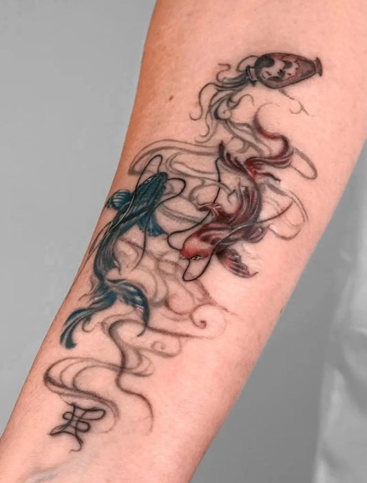 Medium Blackwork Koi and Smoke Tattoo on Women Arm by @edjaink
