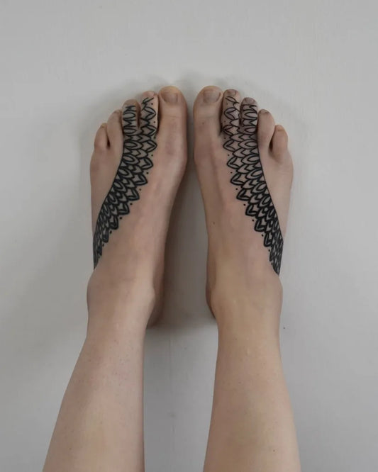 Medium Blackwork Lace Tattoo on Women Foot by @marcodots