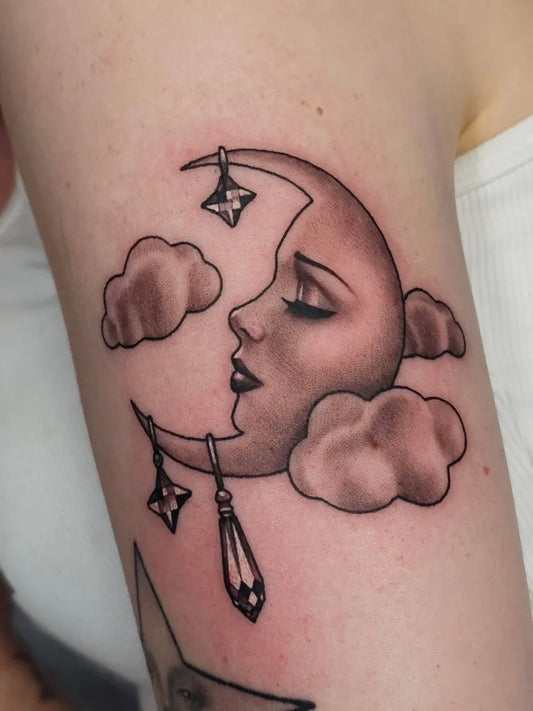 Medium Blackwork Lady Moon with Stars and Clouds Tattoo on Women Arm by @xwxyz