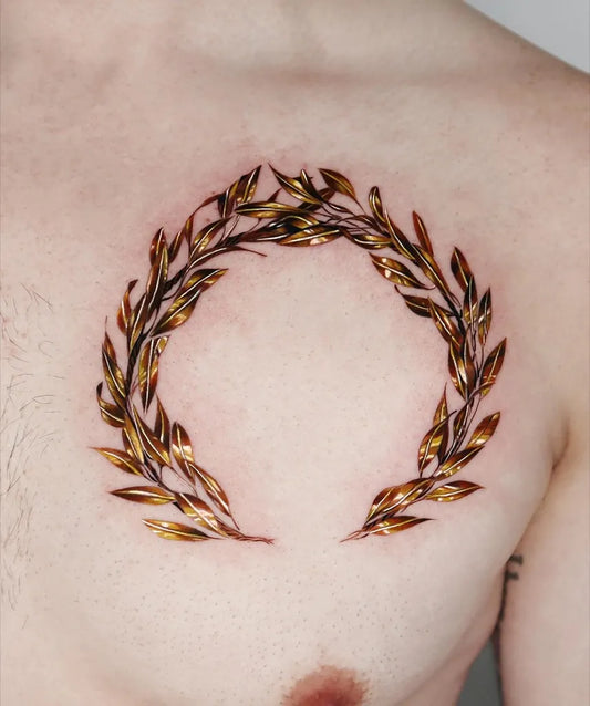 Medium Blackwork Laurel Wreath Tattoo on Men Chest by @jooa_tattoo