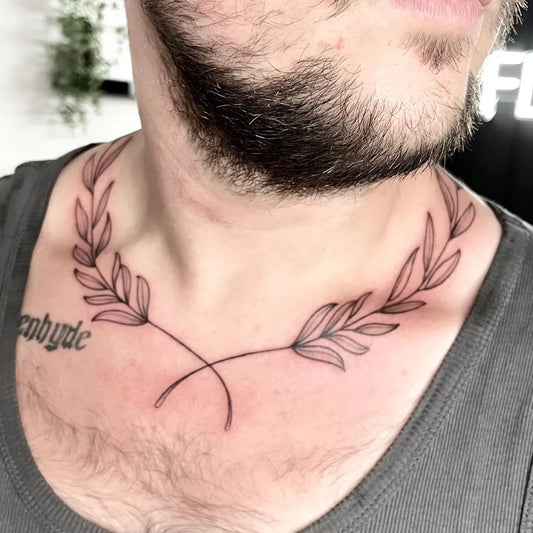 Medium Blackwork Laurel Wreath Tattoo on Men Neck by @artbyheatherjayne