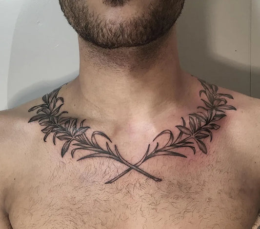 Medium Blackwork Laurel Wreath Tattoo on Men Neck by @huntermcginnis_
